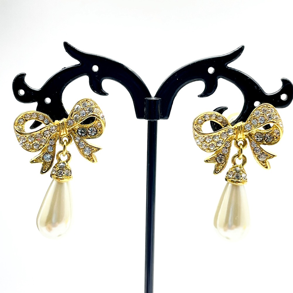 Rhinestone Bow Earrings Pierced Simulated Pearl Tear Drops Glam Bling Sparkle